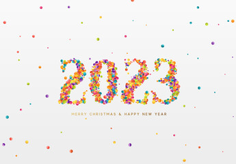 Happy New Year 2023. Design Realistic colorful paper confetti in shape of number 2023. Vector illustration