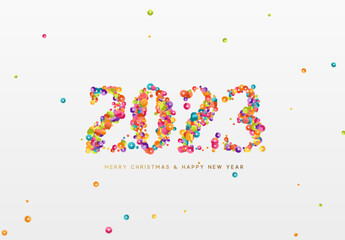 Fototapeta premium Happy New Year 2023. Design Realistic colorful paper confetti in shape of number 2023. Vector illustration