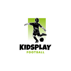 little boy kicks a ball. kids football sports training logo design template