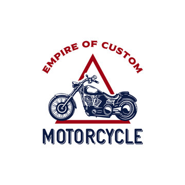 Custom motorcycle label in vintage style with inscription and motorbike with white background isolated vector illustration logo design template