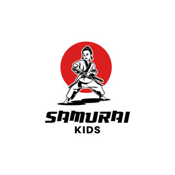 Japanese Little Boy Samurai. Kids In Kung Fu Clothes Holding A Sword Logo Design Template