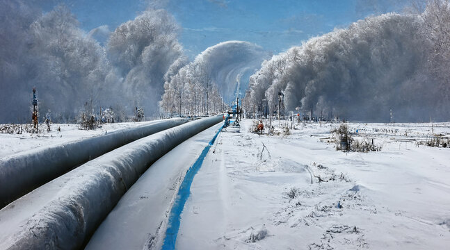 Gas Pipeline in winter. Oil and gas industry energy transportation to Europe in white snow.  Illustration image
