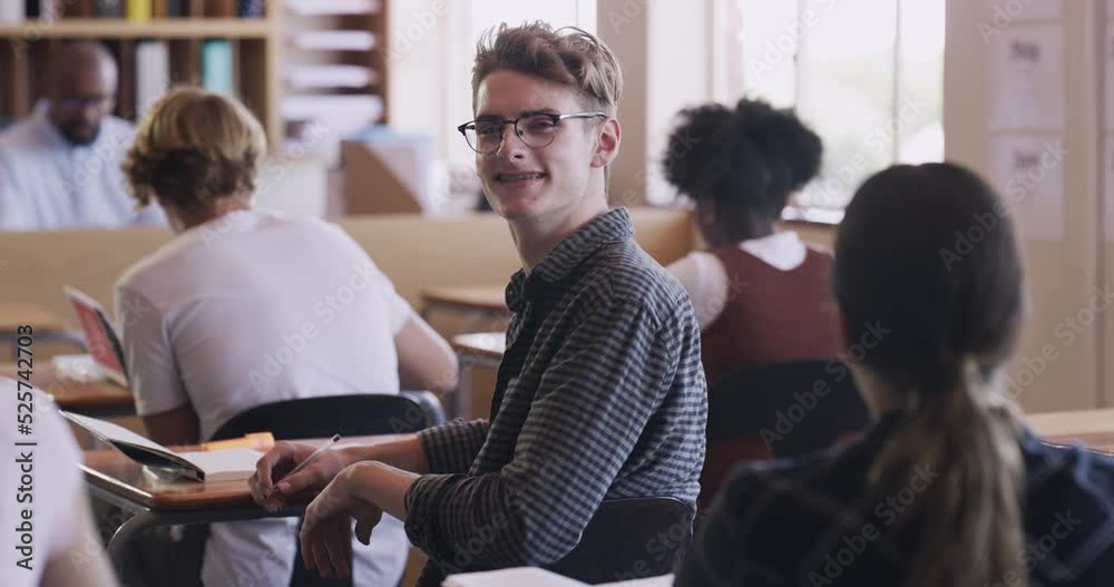 Poster School student writing classroom test, learning and reading in notebook or book for exam with other high school students. Geek or nerd on education scholarship studying on desk in class from teacher