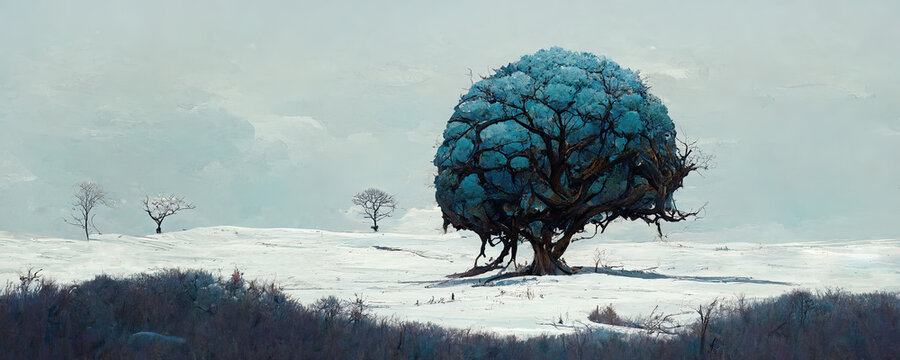 Tree in winter landscape shaped like human brain
