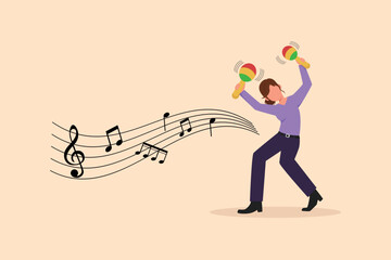 Business design drawing woman street band player mariachi plays maracas. Female performer with maracas musical instruments, mariachi player at national festival. Flat cartoon style vector illustration