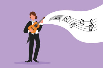 Business flat cartoon style drawing joyful girl playing on ukulele and singing. Female musician holding small guitar and singing. Woman play on musical instrument. Graphic design vector illustration