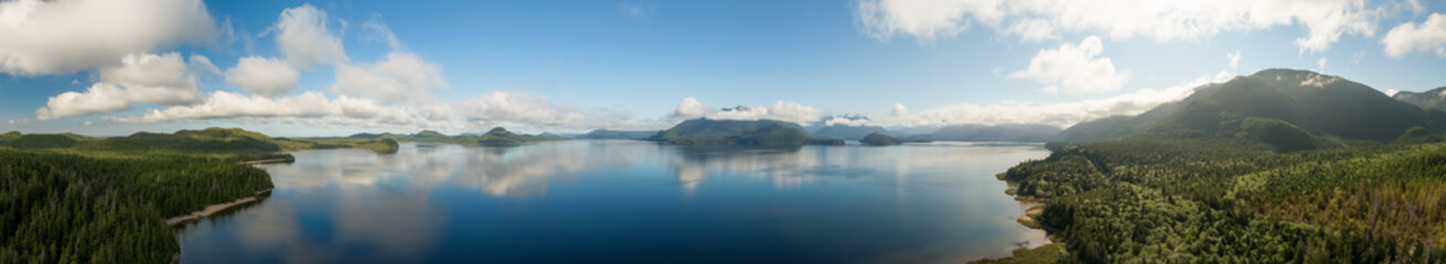 Aerial Panoramic View of Kennedy Lake during a vibrant sunny day. Located on the West Coast of...