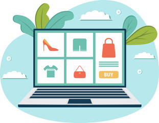 online shopping or digital store on laptop computer concept, fashion products from e-shop with icons and goods, vector graphic flat design illustration, file png