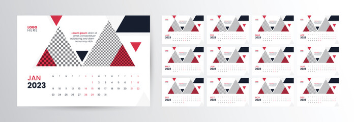 Monthly Desk Calendar for the 2023 Year Template Vector Design, Week starts on Monday, Template for Annual Calendar 2023 with Geometric Shapes, Table Calendar Layout with Triangle Vector Background