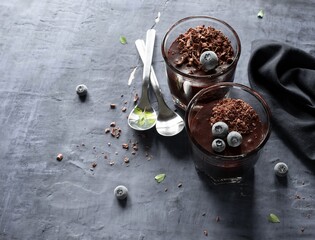 Chocolate mousse glasses with berries on a dark blue background. Top view 