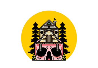 Wooden house with skull foundation illustration