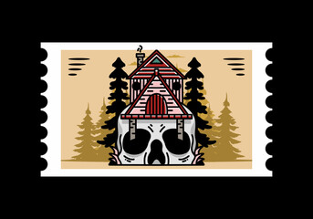 Wooden house with skull foundation illustration