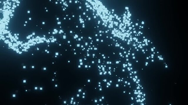 Sci-fi particles on a black background, with dozens of glowing square boxes floating in mid-air. 3D