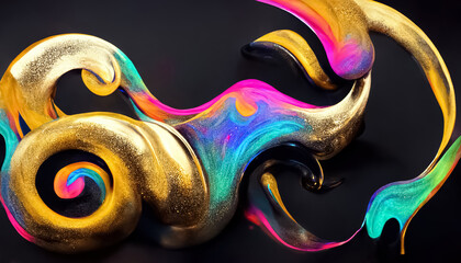 Creative colorful neon gold abstract dynamic twisted fluid liquid shape background. 3D illustration.