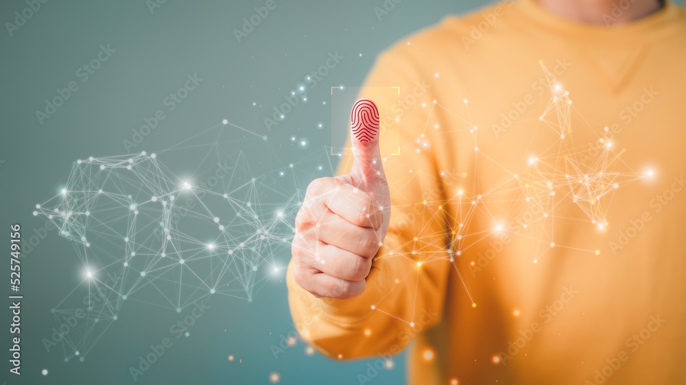 Poster Man login with fingerprint scanning technology. Security concepts and fingerprint password control in the technology of the future.