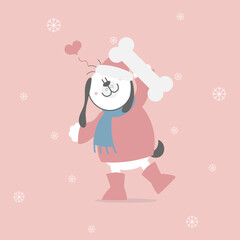 cute and lovely hand drawn dog holding bone with heart, happy valentine's day, love concept, flat vector illustration cartoon character costume design