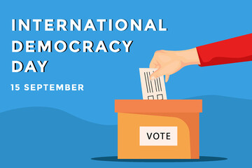 International Democracy Day banner with hand putting in the paper vote to box