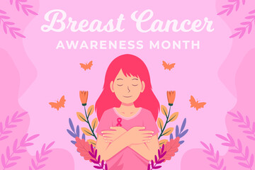 breast cancer awareness month illustration background with women, plants, and butterfly