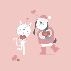 cute and lovely hand drawn cat and dog holding heart, happy valentine's day, love concept, flat vector illustration cartoon character costume design