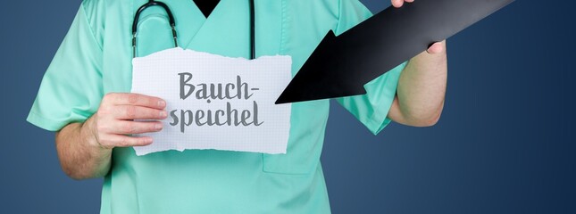 Bauchspeichel. Arzt hält Zettel und zeigt mit Pfeil auf medizinischen Begriff.