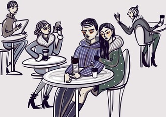 Woman and man are sitting in a street cafe. Young people are sitting in a restaurant drinking coffee. Girls talk on the phone. Sketch style illustration. Couple drinking from paper cups 