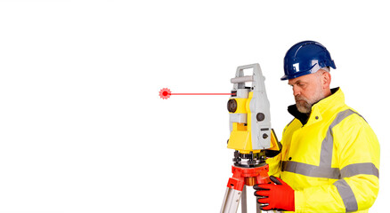 A builder in a blue helmet, yellow reflective hi-visibility coat and red safety gloves on white background with space for text using modern surveying equipment.  