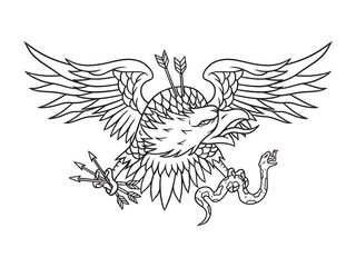 Wild eagle gripping snakes and arrows, Vector line art illustration