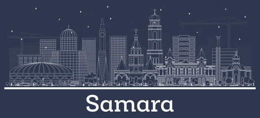 Outline Samara Russia City Skyline with White Buildings. - obrazy, fototapety, plakaty