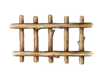 Timber wooden fence element. Watercolor illustration. Wooden fence on white background. Hand drawn vintage style rustic farm, garden, park border