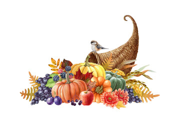 Harvest cornucopia watercolor illustration. Hand drawn festive thanksgiving cornucopia with pumpkins, grapes, apples, autumn flowers and leaves. Autumn seasonal decoration. White background - obrazy, fototapety, plakaty