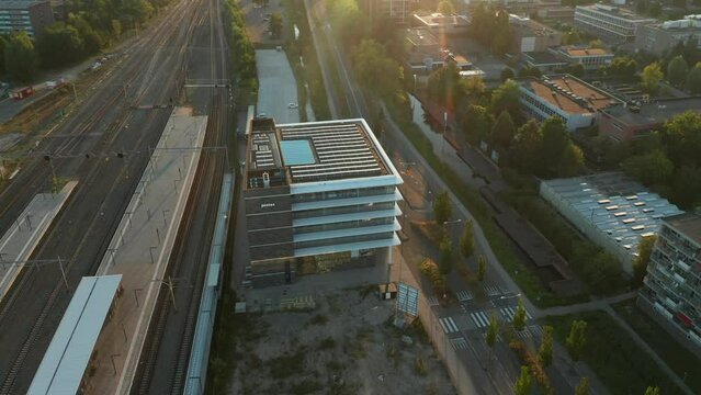 A Building With Two Corporations - Postex Software Company And Rabobank In Gouda, Netherlands. Aerial Drone Shot