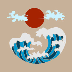Japanese wave vector illustration for T-shirt.Traditional Chinese wave and sunrise.Beautiful line art of nature for printing on shirt.Asian art for doodle and painting on background.