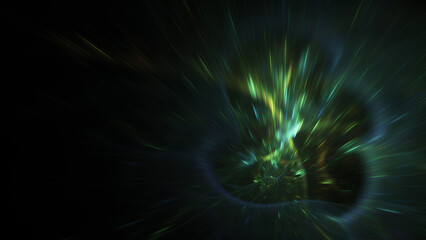 Abstract green blurred lights. Fantastic space background. Digital fractal art. 3d rendering.