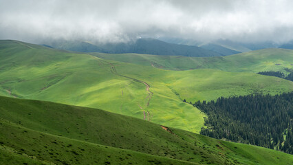 Green mountain hills under clouds. Cloudy mountains