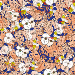 Fototapeta na wymiar Vector pattern of tropical flowers and leaves. Seamless fashion illustration for printing on textiles, blank for designers, photo wallpaper