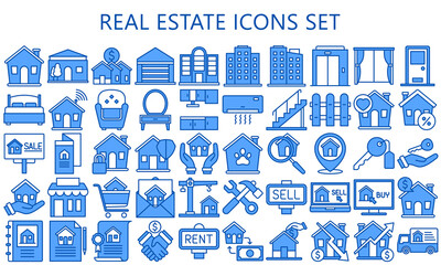 Fototapeta na wymiar Real Estate blue color icons set. Included the icons as realty, property, mortgage, home, elevator, apartment and more. Simple vector illustration for ui or ux kit. EPS 10 ready convert to SVG.