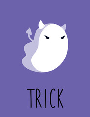 Halloween greeting card with a cute ghost. A ghost in a devil costume. Postcard with text 