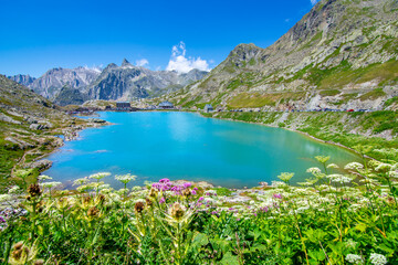 Amazing landscapes at the Great Saint Bernard pass, borders of Italy, France, Switzerland.