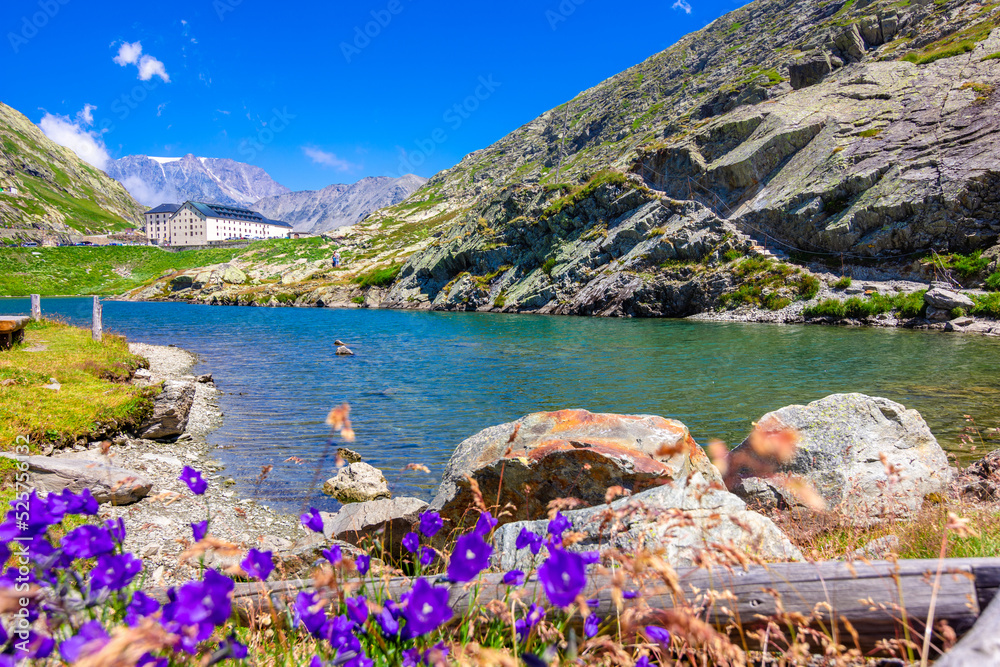 Poster Amazing landscapes at the Great Saint Bernard pass, borders of Italy, France, Switzerland.