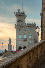 Fototapeta na wymiar Castle of San Marino, in sunset colors.