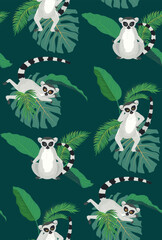 Fototapeta na wymiar Lemur and tropic leaves pattern