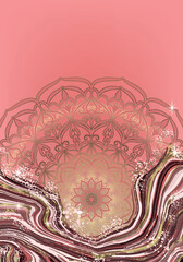 Luxury background with pink marble with golden cracks and Mandala. Design for cover, invitation, flyer, etc.