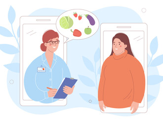 Online consultation. Female dietitian advises an overweight woman, doctor gives recommendations on proper nutrition. Concept of healthy lifestyle and proper nutrition.