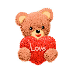 Cute teddy bear toy holding red heart and lettering"love" for t-shirt print design vector illustration valentine concept