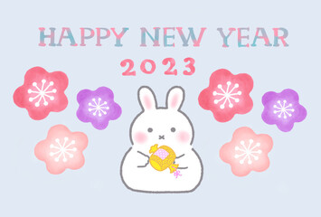白うさぎと梅の年賀状（寒色背景）