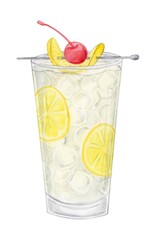 Tom Collins cocktail watercolor hand drawn illustration. Drink clipart on white background.