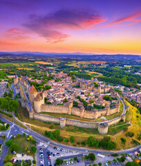Medieval castle town of Carcassone at sunset, France - 525756943