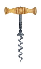 Watercolor illustration of vintage corkscrew. Wine clipart isolated element.