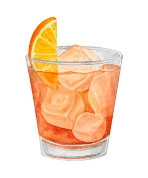 Negroni Cocktail Watercolor Hand Drawn Illustration. Drink Clipart On White Background.