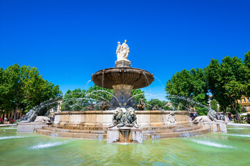 The Fontain de la Rotonde with three sculptures of female figures presenting Justice in Aix-en-Provence, France - obrazy, fototapety, plakaty